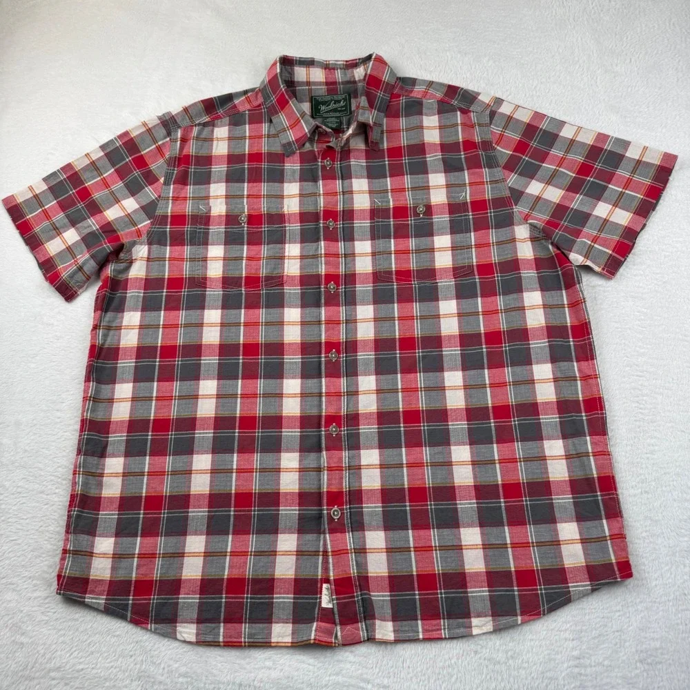 Woolrich Button Down Shirt Mens XL Red Plaid Short Sleeve Organic Cotton Stretch